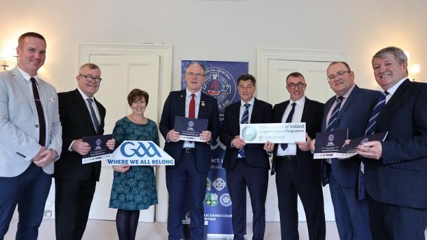 
Pictured left to right are Britain GAA Head of Games Development & Operations, Stephen Lavery; Britain GAA Vice-Chairperson, Michael Collins; Britain GAA Children's Officer, Julie Duffy; GAA President, Jarlath Burns; Britain GAA Chairperson, Sean Hopkins; Britain GAA Secretary, Michael Walker; Britain GAA Treasurer, Frank Dillon; Britain GAA CC Delegate, Noel O'Sullivan. 