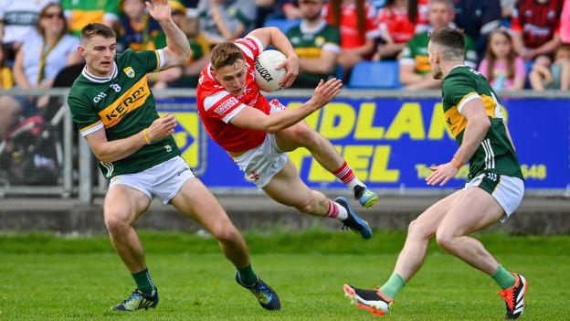 Louth's Ryan Burns and Kerry's Diarmuid O'Connor and Tom O'Sullivan in All-Ireland SFC action. Photo by Tyler Miller/Sportsfile
