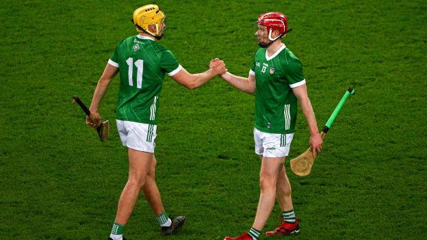 Cathal O’Neill and Donnacha Ó Dálaigh shake hands following Limerick's Allianz Hurling League win at Croke Park. Photo by Ray McManus/Sportsfile