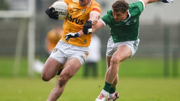Dermot McAleese of Antrim is tackled by Brian O'Sullivan of Limerick during the Allianz Football League Division 3 match between Limerick and Antrim at Mick Neville Park in Rathkeale, Limerick. Photo by Tom Beary/Sportsfile