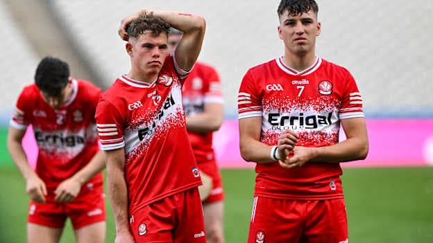 Cahal Murray, left, and James Friel of Derry after their side's defeat in the Christy Ring Cup final match between Derry and London at Croke Park in Dublin. Photo by Stephen Marken/Sportsfile.