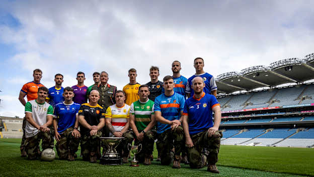 Footballers including  Roscommon's Shane Cunnane and Donegal duo Odhran McFadden Ferry and Odhran Doherty at the unveiling of the new Óglaigh na hÉireann GAA jerseys in Croke Park. 
