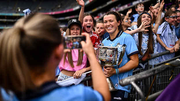 Dublin's Leah Caffrey pictured with the Brendan Martin Cup at Croke Park. Photo by Piaras Ó Mídheach/Sportsfile