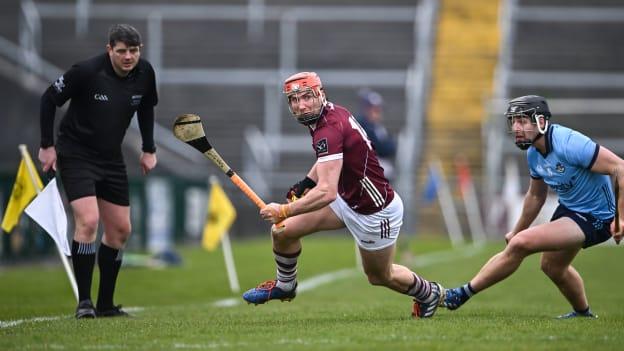 Conor Whelan of Galway in action against Dónal Burke of Dublin during the 2024 Allianz Hurling League Division 1 Group B match between Galway v Dublin at Pearse Stadium in Galway. Photo by Piaras Ó Mídheach/Sportsfile