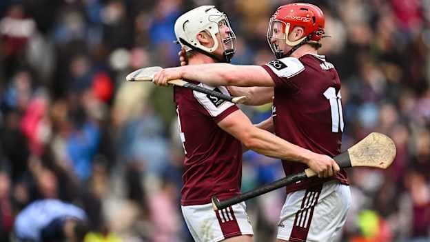 Darren Morrissey and Tom Monaghan celebrate after the 2026 Leinster SHC Final win over Dublin at Croke Park. Photo by Piaras Ó Mídheach/Sportsfile