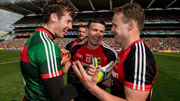 David Clarke, Tom Parsons, Jason Doherty, and Andy Moran celebrate following Mayo's 2017 All-Ireland SFC Semi-Final replay win over Kerry at Croke Park. Photo by Ray McManus/Sportsfile