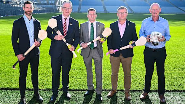 Attendees, from left, former Antrim hurler and current Hurling Development Committee member Neil McManus, Uachtarán Chumann Lúthchleas Gael Jarlath Burns, Terry Reilly, chairperson of the Hurling Development Committee, Camogie Association president Brian Molloy and former Kilkenny hurling manager and current Hurling Development Committee member Brian Cody during the Hurling Development Committee media event at Croke Park in Dublin. Photo by Piaras Ó Mídheach/Sportsfile.