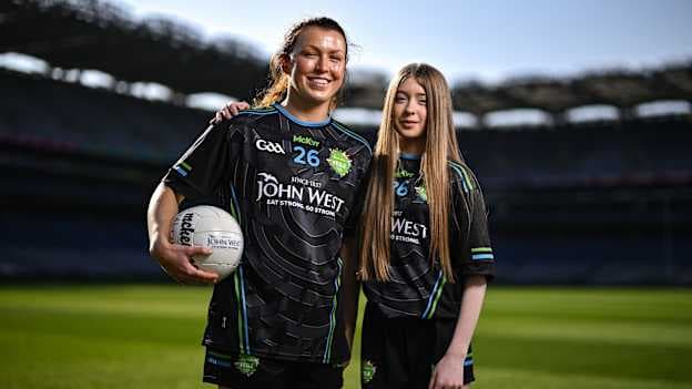 Dublin ladies footballer Leah Caffrey pictured with young O'Tooles GAA footballer Lily Dunne at the launch of John West Féile – 2026, marking 11 years sponsorship by the company of the competition at Croke Park today. Photo by David Fitzgerald/Sportsfile.