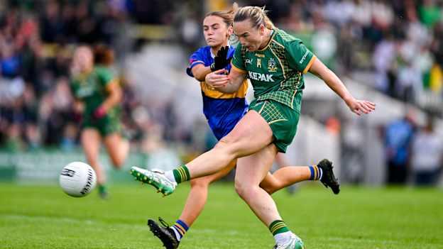 Vikki Wall, Meath, and Clara English, Tipperary, in action at Páirc Tailteann. Photo by Stephen Marken/Sportsfile