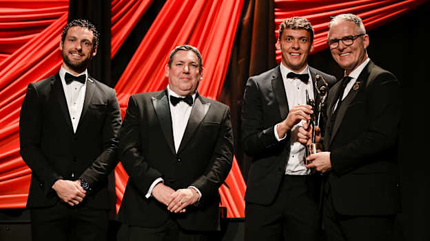 PwC GAA/GPA Footballer of the Year David Clifford pictured with Gaelic Players Association chief executive Tom Parsons, PwC managing partner Enda McDonagh and Uachtarán Chumann Lúthchleas Gael Jarlath Burns. Photo by Brendan Moran/Sportsfile