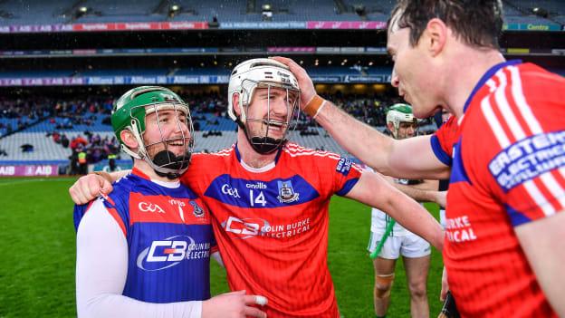 
St Thomas' players, from left, Gerald Kelly, Éanna Burke and Conor Cooney after their side's victory in the AIB GAA Hurling All-Ireland Senior Club Championship Final match between O’Loughlin Gaels of Kilkenny and St Thomas’ of Galway at Croke Park in Dublin. Photo by Piaras Ó Mídheach/Sportsfile.
