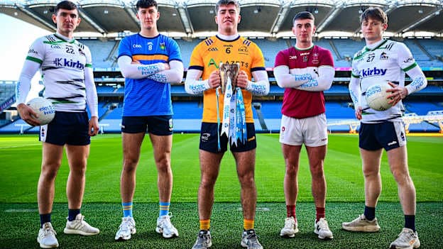 2026 Electric Ireland HE GAA Sigerson Cup competitors, from left, Ryan McNamara of University of Limerick, Barry McNulty of University College Dublin, Greg McEneaney of DCU Dóchas Éireann, Eoin Colleran of National University of Ireland, Galway, and Paddy O'Driscoll of University of Limerick during the launch of the Electric Ireland Higher Education Championships at Croke Park in Dublin. Photo by Shauna Clinton/Sportsfile.