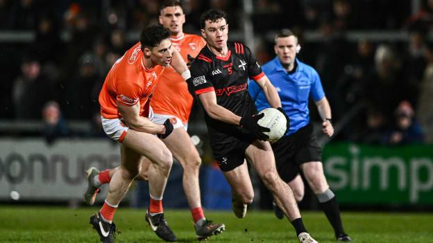 Craig Lennon, Louth, and Ciaran Higgins, Armagh, in Allianz Football League action. Photo by Ben McShane/Sportsfile