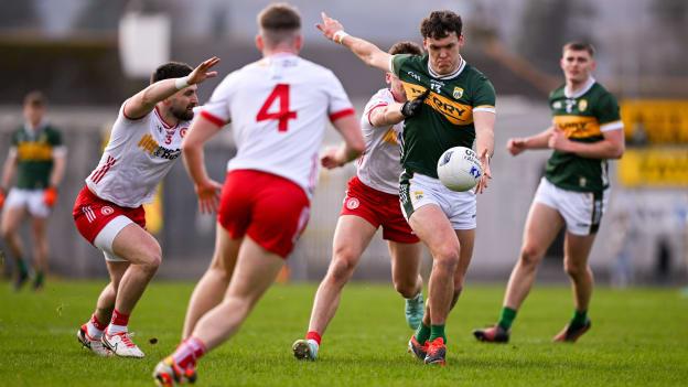 David Clifford, Kerry, and Padraig Hampsey, Cormac Quinn, and Conn Kilpatrick, Tyrone, in Allianz Football League action. Photo by Brendan Moran/Sportsfile