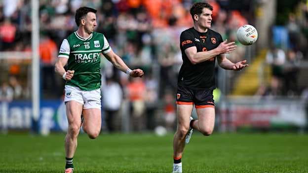 Jarly Óg Burns, Armagh, and Garvan Jones, Fermanagh, in Ulster SFC action. Photo by Ramsey Cardy/Sportsfile