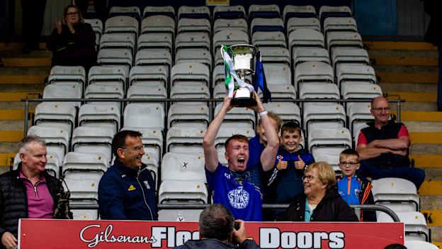East Cavan Gaels captain, Rory Farrell, lifts the cup after victory over Cootehill Celtic in the Cavan SHC Final. Photo credit: Mary Mauger. 