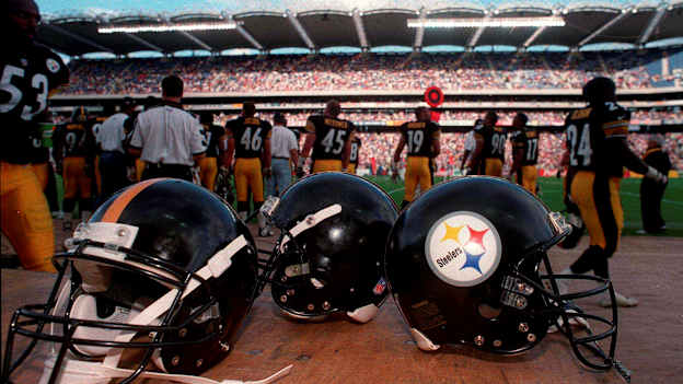 A general view of Pittsburgh Steelers players helmets during the American Bowl between Chicago Bears and Pittsburgh Steelers at Croke Park in Dublin in 1997. Photo by David Maher/Sportsfile