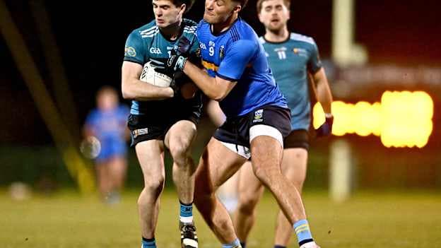 Jake Darcy of Maynooth University in action against Peter Duffy of UCD during the Electric Ireland Higher Education GAA Sigerson Cup match between University College Dublin and Maynooth University at Billings Park in UCD, Dublin. Photo by Piaras Ó Mídheach/Sportsfile.