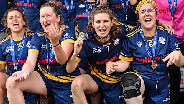 Europe 1 players, including Vanessa Morin, 7, celebrate after winning the Ladies Football International Plate Final during day four of the FRS Recruitment GAA World Games 2023 at the Owenbeg Centre of Excellence in Dungiven, Derry. Photo by Piaras Ó Mídheach/Sportsfile.