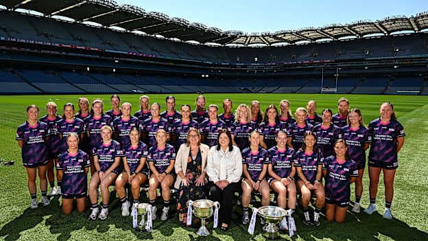 In attendance at the launch of the 2026 TG4 All-Ireland Ladies Football Championships in Croke Park, Dublin, LGFA President Trina Murray, front centre left, and Director General TG4 Deirdre Ní Choistín, front centre, right, with players, back row, from left, Niamh Donlon of Dublin, Emma Cleary of Cork, Leah Fox of Leitrim, Áine Breen of Louth, Katie Murray of Waterford, Aisling Halligan of Wexford, Niamh Gallogly of Meath, Aoibhinn McHugh of Tyrone, Bronagh Devlin of Antrim, Anna-Rose Kennedy of Tipperary, Fiona Dempsey of Offaly, Sián Gallagher of Longford, Becky Lomax of Kilkenny, Tara Breheny of Sligo, Laoise Duffy of Down, Joanna Doohan of Clare, Shauna Lynch of Cavan, Annie Crozier of Derry, Shannan McQuade of Fermanagh, Róisín Bailey of Carlow, Lucy Dunne of Wicklow, Helena Cummins of Roscommon, Niamh Carr of Donegal and Síofra O’Shea of Kerry, front row, from left, Fiona Coyle of Westmeath, Ruth Sargent of Kildare, Ella Brennan of Mayo, Lauren McConville of Armagh, Rosemary Courtney of Monaghan, Niamh Crowley of London, Lauren Ryan of Limerick and Kate Geraghty of Galway. The 2025 TG4 All-Ireland Championships commence next weekend with fixtures in the Intermediate and Junior grades. The 2026 TG4 All-Ireland Senior, Intermediate and Junior Finals will be played at Croke Park on Sunday August 2. TG4 and the LGFA today announced an extension of their long-running partnership until 2032. Photo by Tyler Miller/Sportsfile