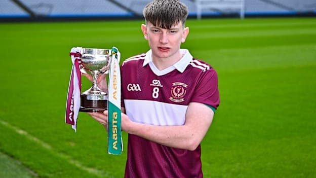 Michéal Collins captain of St Joseph's College Borrisoleigh, Tipperary, with the cup ahead of the upcoming Masita All Ireland PPS Michael Cusack Hurling Final against Coláiste Naomh Cormac, Offaly, during the Masita All-Ireland Post Primary Schools Finals 2026 launch at Croke Park in Dublin. Photo by Piaras Ó Mídheach/Sportsfile.
