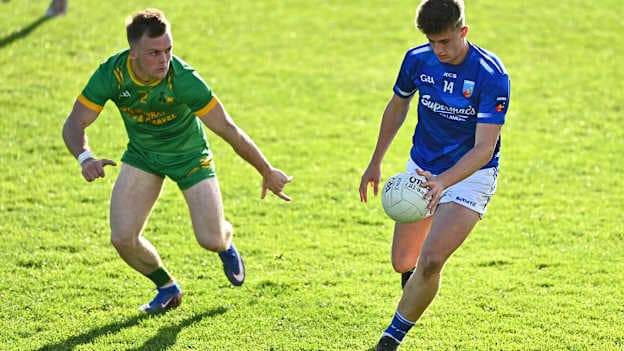 Harry Plunkett of Tullamore in action against Keith Murphy of Rhode during the Offaly County Senior Club Football Championship semi-final match between Tullamore and Rhode at Glenisk O'Connor Park in Tullamore, Offaly. Photo by Tyler Miller/Sportsfile.