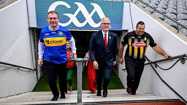 Uachtarán Chumann Lúthchleas Gael Jarlath Burns, centre, with Alan Kelly T.D., left, and Peter 'Chap' Cleere T.D., right, during an Oireachtas Committee on Arts, Media, Communications, Culture and Sport site visit to Croke Park in Dublin. Photo by Seb Daly/Sportsfile.