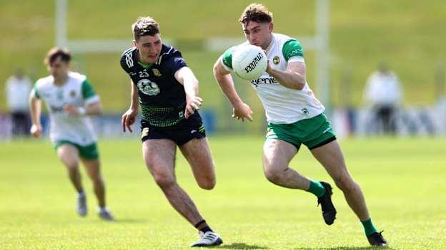 Jordan Hayes, Offaly, and Diarmuid Moriarty, Meath, in Leinster SFC quarter-final action. Photo by Thomas Flinkow/Sportsfile