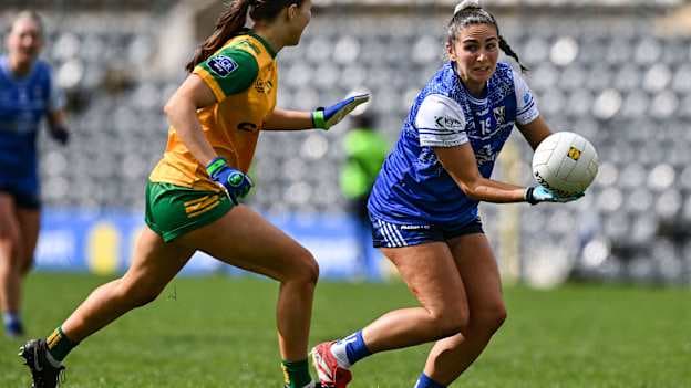 Shauna Lynch, Cavan, and Katie Dowds, Donegal, in Ladies National Football League Division 2 Final action. Photo by Ray McManus/Sportsfile