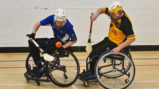 Action during the 2023 Wheelchair Hurling / Camogie All Ireland Final match between Ulster and Munster at SETU Carlow Sports Hall in Carlow. Photo by Ben McShane/Sportsfile.