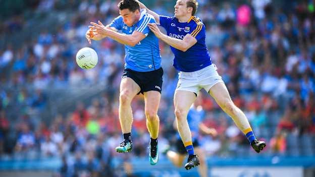 Paddy Andrews, Dublin, and Paddy Fox, Longford, in Leinster SFC action in 2018.  Photo by Stephen McCarthy/Sportsfile