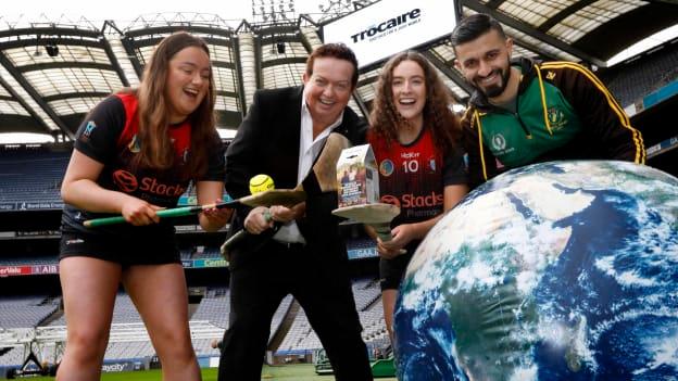 Trócaire supporter Marty Morrissey, Kurdish born hurler and author, Zak Moradi, and Trinity camogie players, Yvonne Stack (left) and Aoife Nelligan as they kick-off Trócaire’s annual Lenten appeal today at Croke Park. Photo Mark Stedman.