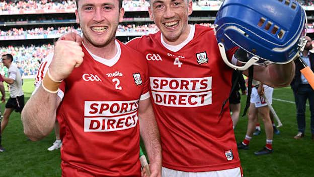 Cork players Niall O'Leary, left, and fellow corner-back, Seán O'Donoghue, celebrate after their side's victory in the GAA Hurling All-Ireland Senior Championship semi-final match between Limerick and Cork at Croke Park in Dublin. Photo by Seb Daly/Sportsfile