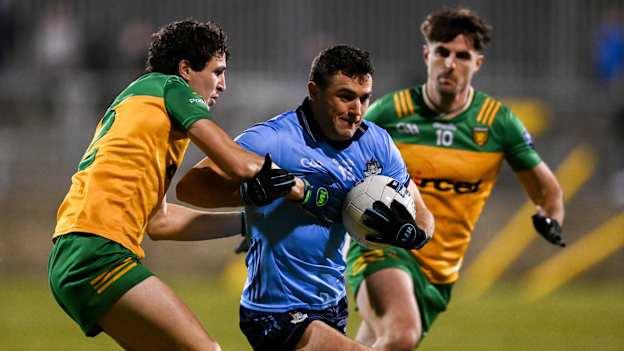 Colm Basquel, Dublin, and Finnbarr Roarty, Donegal, in Allianz Football League action. Photo by Stephen McCarthy/Sportsfile