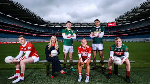 Pictured left to right is Luke Fahy (Cork footballer), Sinéad O’Donovan, Dietician and SuperValu Health & Wellness, Eoghan Frayne (Meath footballer), Emma Cleary (Cork footballer), David Clifford (Kerry footballer) and Ryan O’Donoghue (Mayo footballer) in Croke Park at SuperValu’s launch of the Senior Football Championship..