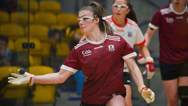 Niamh Heffernan shoots in the oneills.com women's All-Ireland Senior Doubles handball final. 