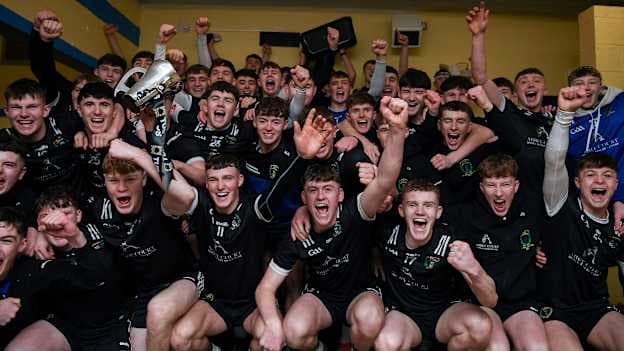 The Nenagh players celebrate in the dressing room after the Dr Harty Cup final match between St Flannans College and St Joseph's CBS at Zimmer Biomet Páirc Chíosóg in Ennis, Clare. Photo by John Sheridan/Sportsfile.