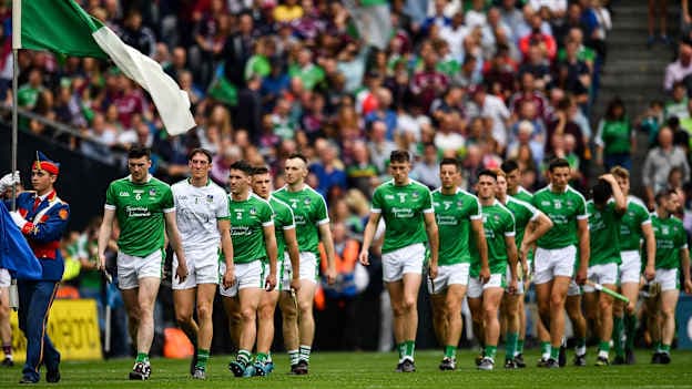 Declan Hannon of Limerick leads his team behind the parade prior to the GAA Hurling All-Ireland Senior Championship Final match between Galway and Limerick at Croke Park in Dublin. Photo by Seb Daly/Sportsfile.