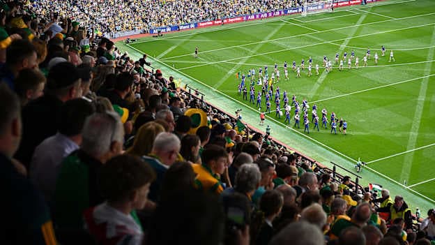 The Kerry and Donegal teams march in the pre-match parade behind The Artane Band before the GAA Football All-Ireland Senior Championship final match between Kerry and Donegal at Croke Park in Dublin. Photo by Piaras Ó Mídheach/Sportsfile.