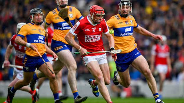 Ciaran Joyce, Cork, surrounded by Clare players David Reidy, David Fitzgerald, and Cathal Malone during the Munster SHC clash at SuperValu Páirc Uí Chaoimh in April. Photo by Ray McManus/Sportsfile