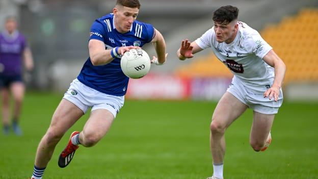 Evan O’Carroll, Laois, and Ryan Burke, Kildare, in Tailteann Cup action. Photo by Stephen Marken/Sportsfile