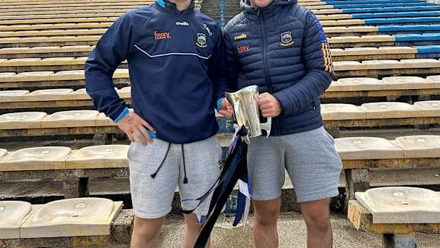 Pictured left to right together with the Harty Cup are Darragh McCarthy who captained Nenagh CBS to the Harty Cup in 2024 and Ben Currivan who was Cashel CS joint-captain when they won the Harty Cup in 2023.