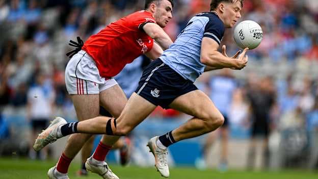 Charlie McMorrow, Dublin, and Daire Nally, Louth, in All-Ireland SFC Round One action. Photo by David Fitzgerald/Sportsfile