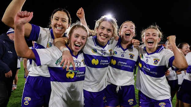 St Vincent's players, from left, Ali Maguire, Tessa Lambe, Aisling Maher, Aoife Higgins, and Danielle Smith celebrate after the PTSB Dublin Senior Club Camogie final match between St Vincent's and St Jude's at Parnell Park in Dublin. Photo by Thomas Flinkow/Sportsfile.