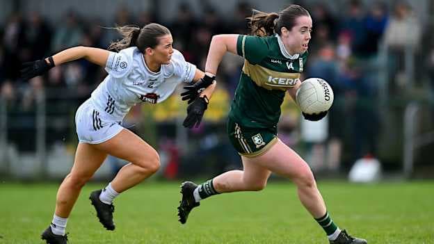 Danielle O'Leary of Kerry gets past Aine Mernagh of Kildare during the Lidl Ladies National Football League Division 1 Round 7 match between Kildare and Kerry at Manguard Plus Kildare GAA Centre of Excellence in Kildare. Photo by Piaras Ó Mídheach/Sportsfile.