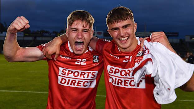 Sean Desmond and Micheál Mullins celebrate following Cork's All-Ireland U20 Final win in 2021. Photo by Sam Barnes/Sportsfile