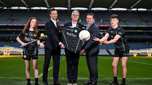 In attendance at the announcement of three-year extension of John West’s sponsorship of Féile na nGael and Féile Peile na nÓg are, from left, Isabelle O’Meara of O'Tooles GAA Club, Country Manager at John West Ireland Sebastien Giraud, Uachtarán Chumann Lúthchleas Gael Jarlath Burns, John West Europe President Erwan Vilfeu and Cillian O’Hanlon of O'Tooles GAA Club at Croke Park in Dublin. Photo by Sam Barnes/Sportsfile.