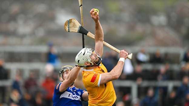Neil McManus of Antrim in action against Liam O'Connell of Laois during the 2013 Allianz Hurling League Division 1 Group A match between Antrim and Laois at Corrigan Park in Belfast. Photo by Ramsey Cardy/Sportsfile