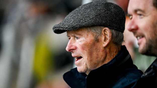 Mícheál Ó Muircheartaigh and his son Aonghus during the GAA Football All-Ireland Senior Championship quarter-final match between Kerry and Tyrone at Croke Park in Dublin. Photo by Brendan Moran/Sportsfile.
