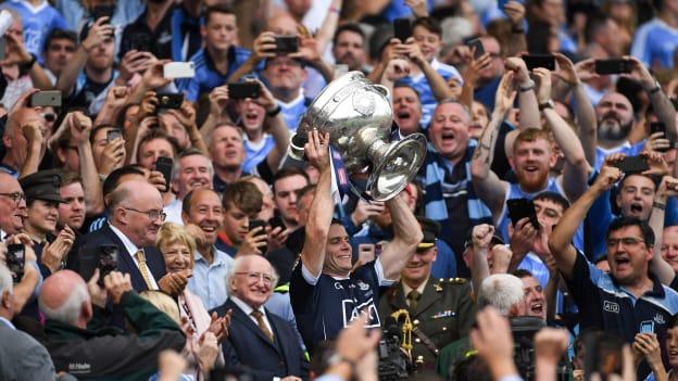 Dublin captain Stephen Cluxton lifts the Sam Maguire Cup for the fourth year in a row at Croke Park in September.